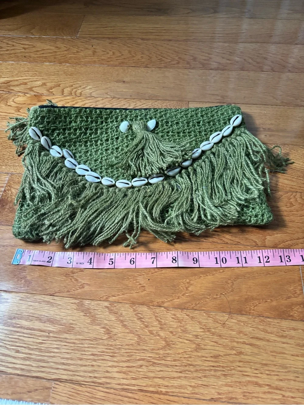 Boho Olive Green Fringe Clutch with Shell Trim